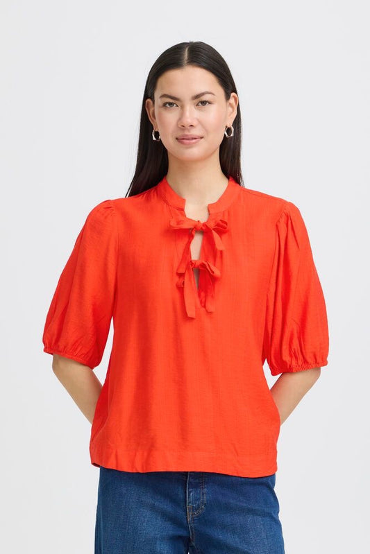 ICHI Imelda Tie-Neck Puff Sleeve Top – Fiery Red