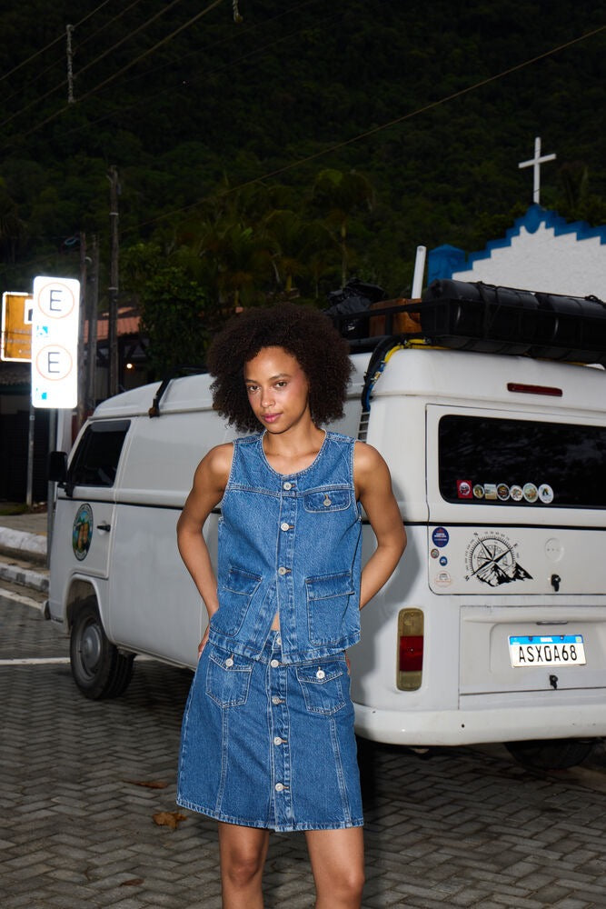 ICHI Pamela Denim Waist Coat - Mid Wash