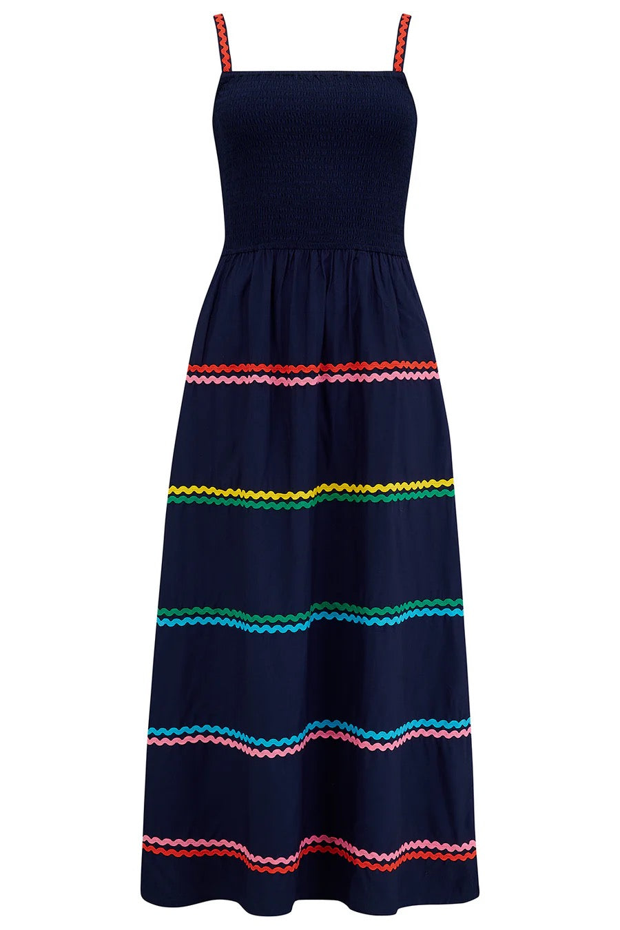 Sugarhill Brighton Penrose Shirred Sundress - Navy, Rainbow Ric Rac