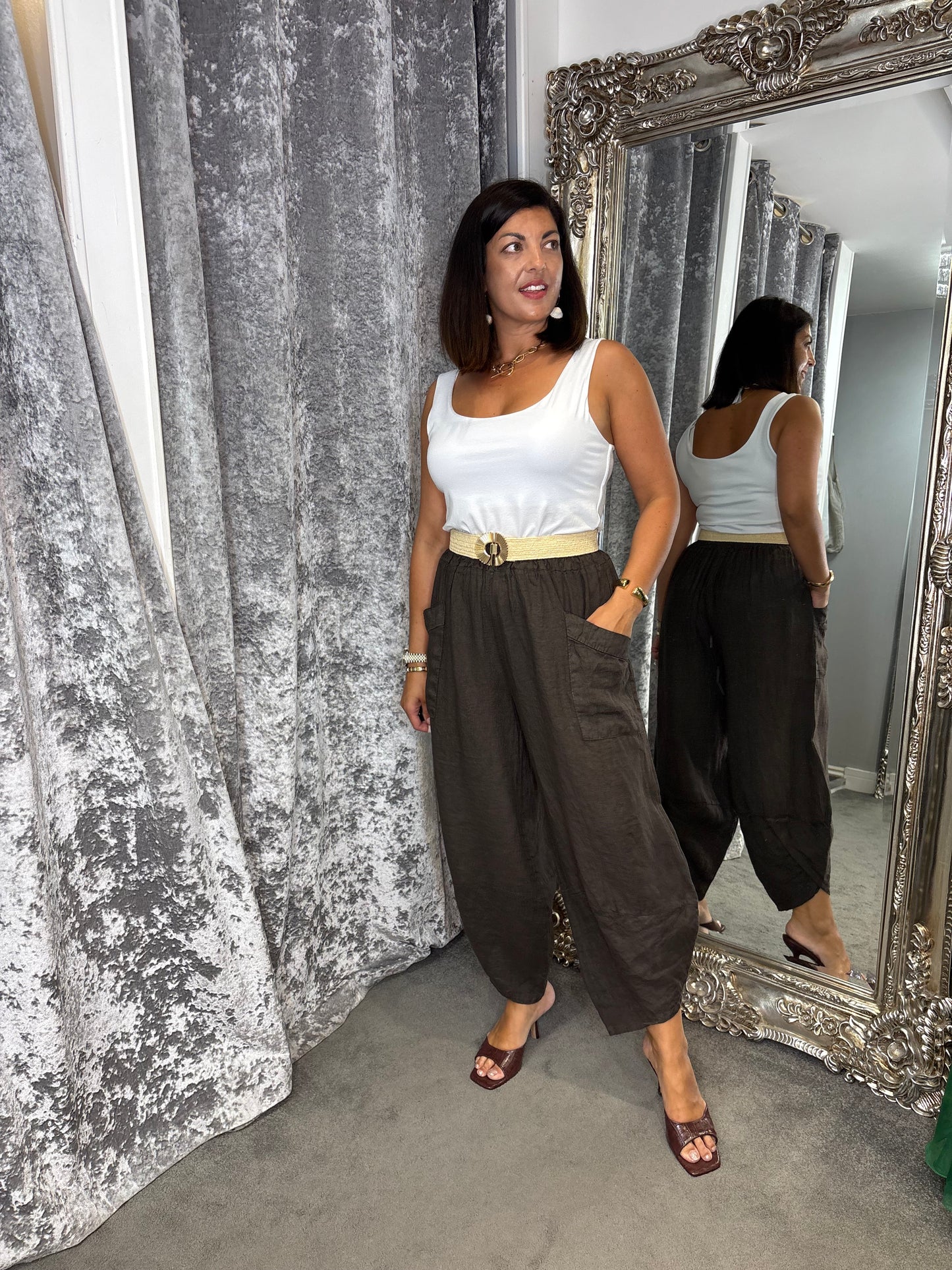 Studio Linen Barrel Leg Trouser - Brown