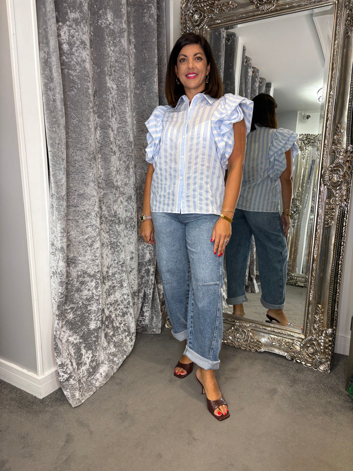 CFK Stripe Puff Sleeve Blouse - Blue