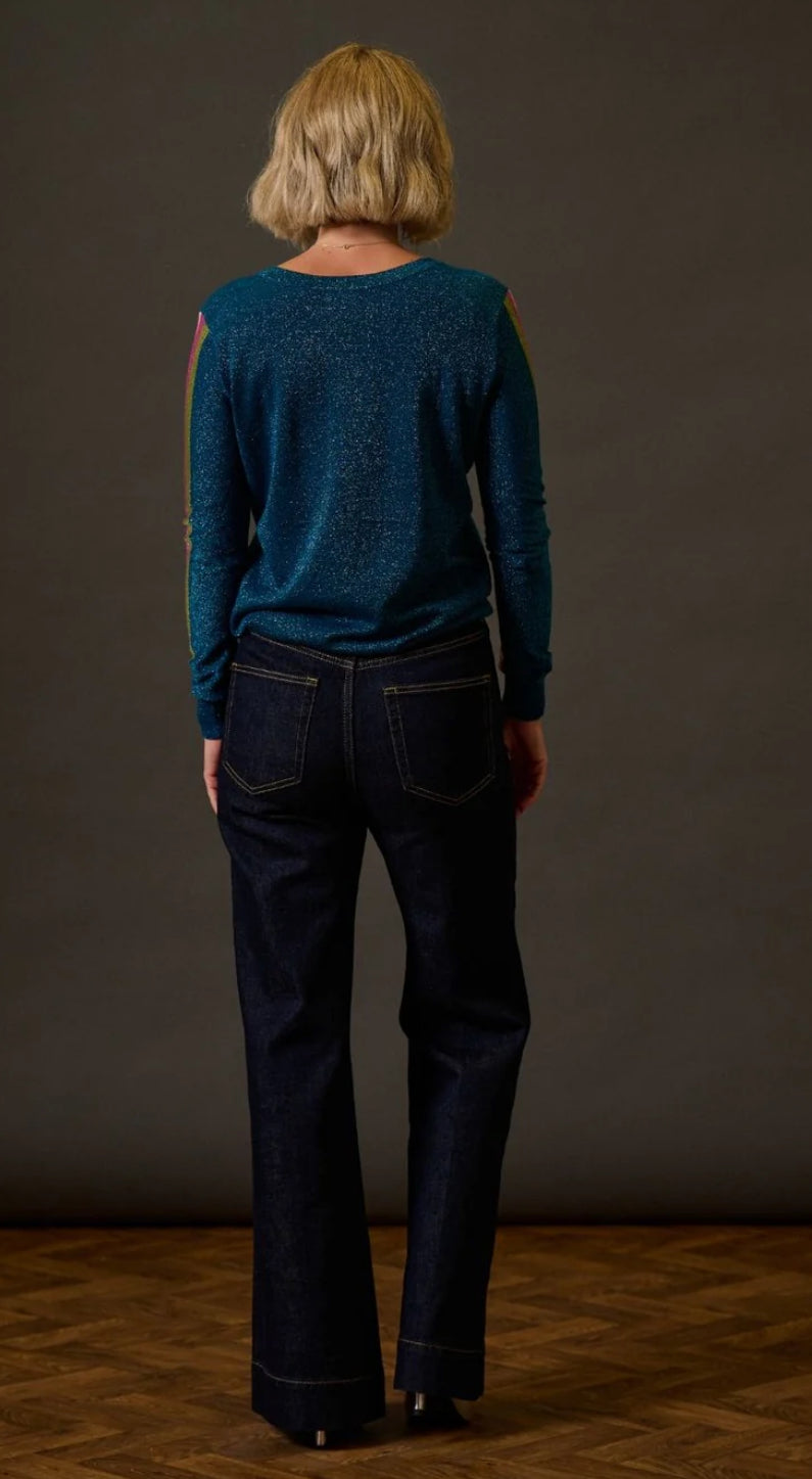 Sugarhill Brighton Marcella V-Neck Jumper - Teal Stripes