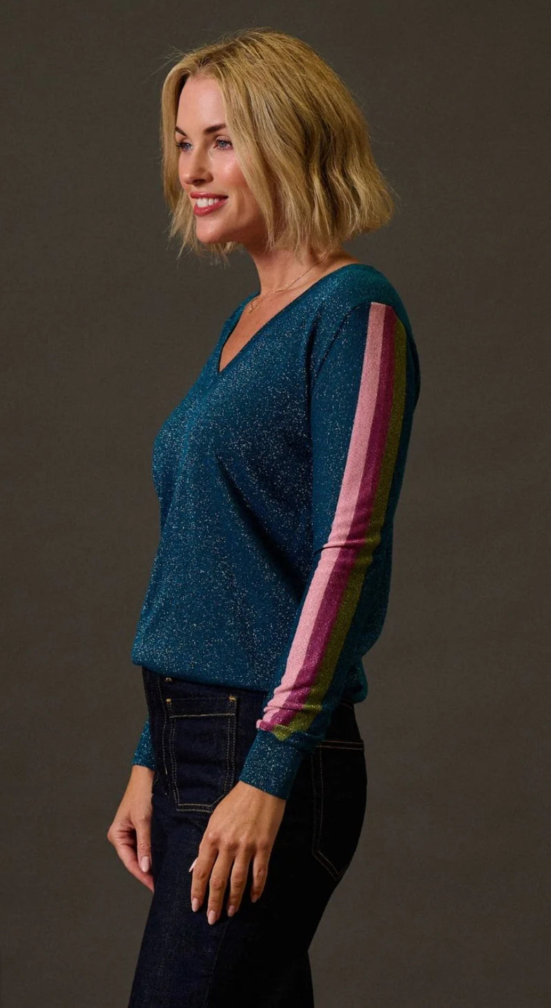 Sugarhill Brighton Marcella V-Neck Jumper - Teal Stripes