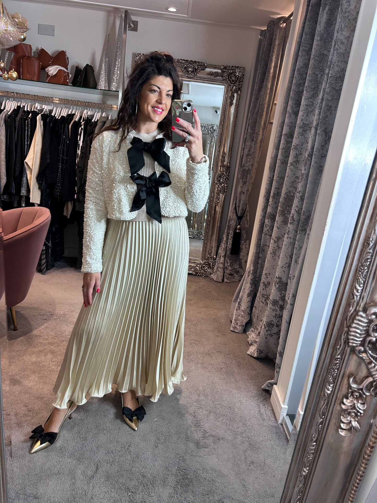 FY Cream Long Sleeve Pleated Jumper Dress