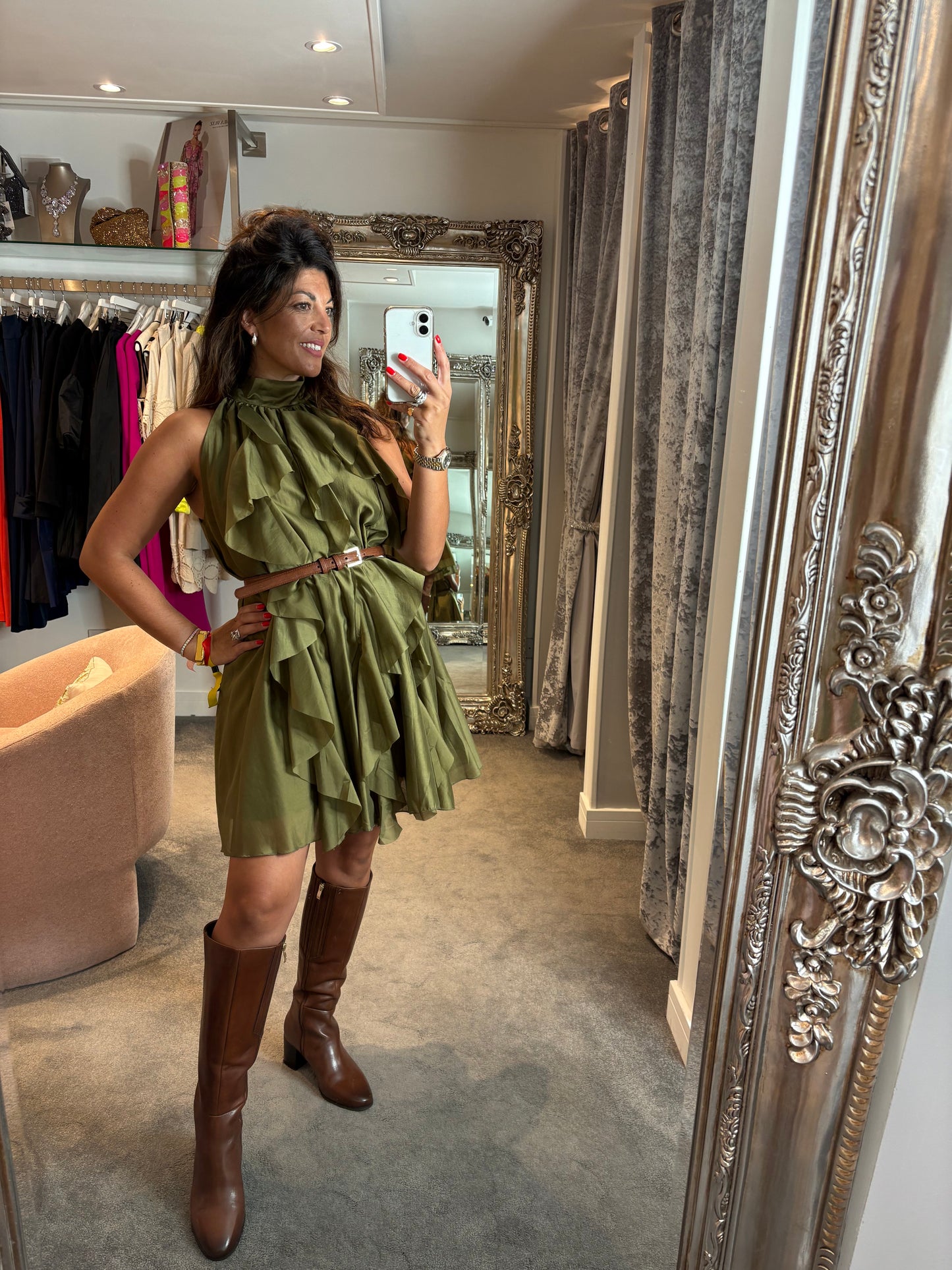 Studio Halter Neck Ruffle Dress - Green