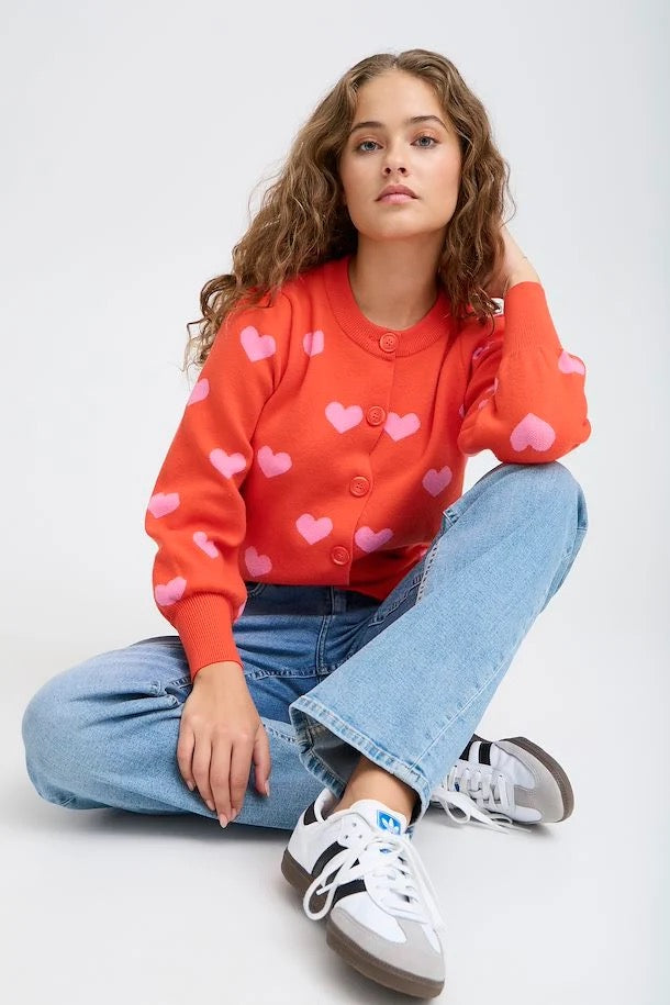 ICHI Brielle Cardigan Orange Pink Hearts