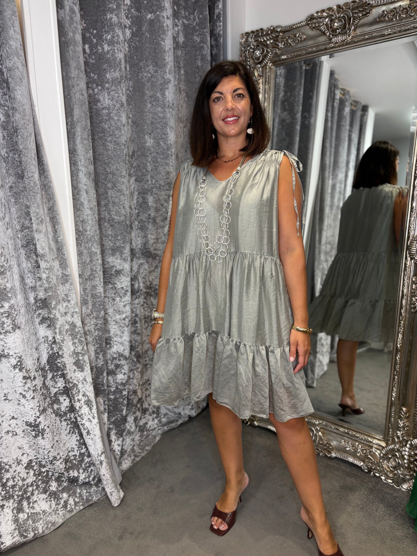 Studio Tiered Satin Dress - Soft Grey
