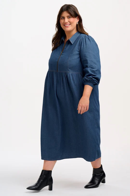 Sugarhill Brighton Kirsty Midi Smock Dress - Mid-Blue Denim