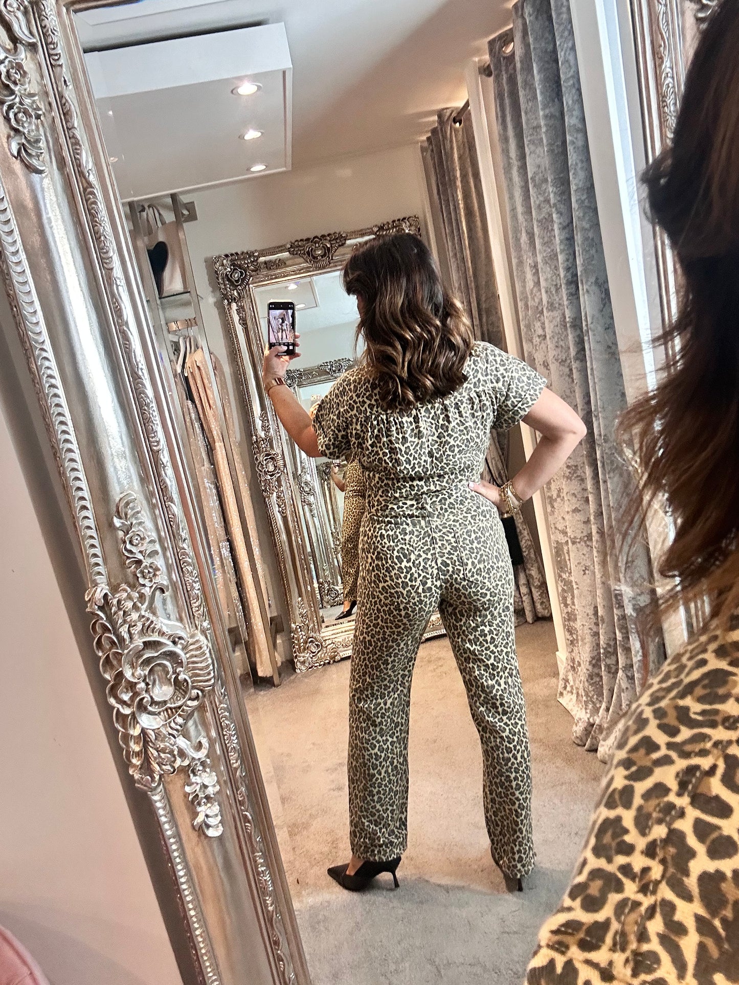 FY Beige Leopard Print Denim Jumpsuit