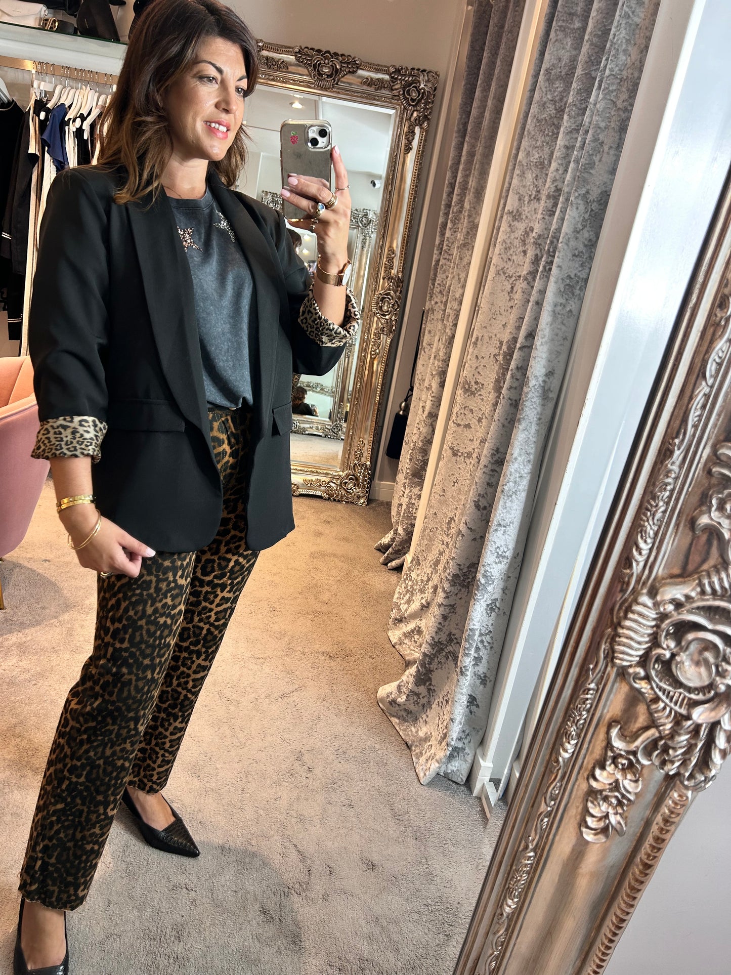 FY Oversized Leopard Print Cuff Blazer Black