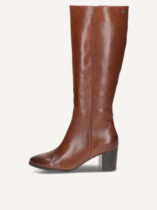 Caprice Long Leather Block Heel Boot - Cognac/Tani