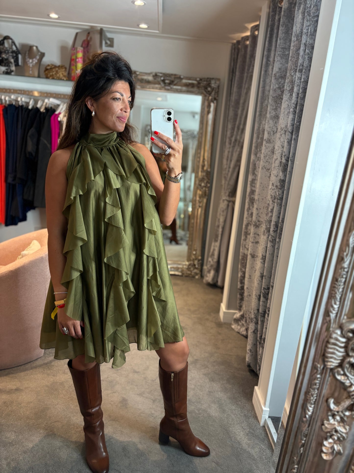 Studio Halter Neck Ruffle Dress - Green