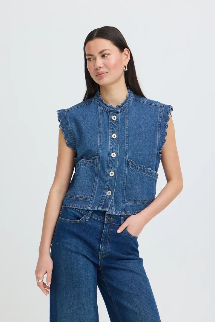 ICHI Palou Demin waistcoat - Mid Blue