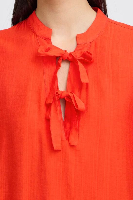 ICHI Imelda Tie-Neck Puff Sleeve Top – Fiery Red