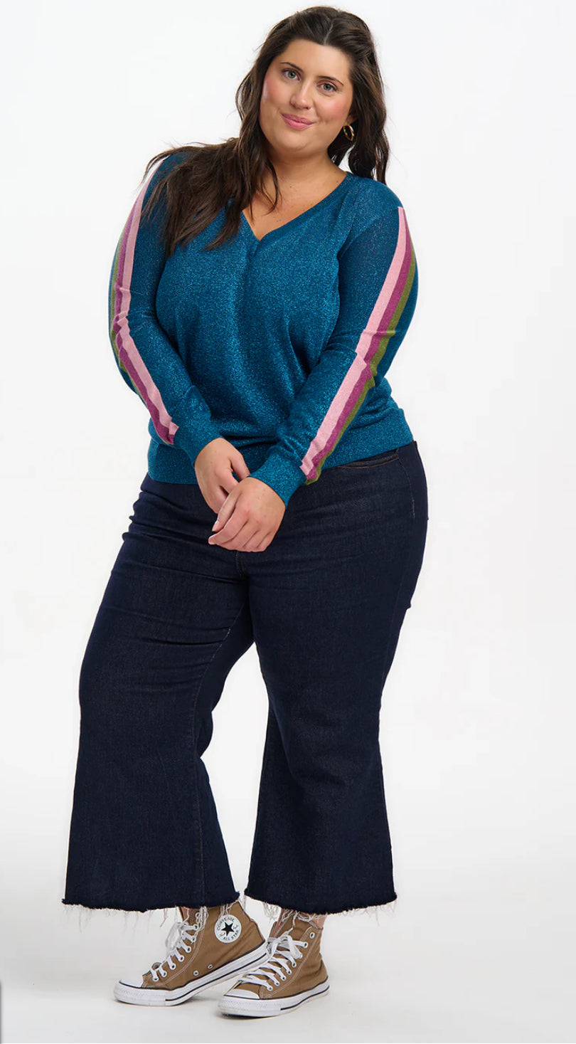 Sugarhill Brighton Marcella V-Neck Jumper - Teal Stripes