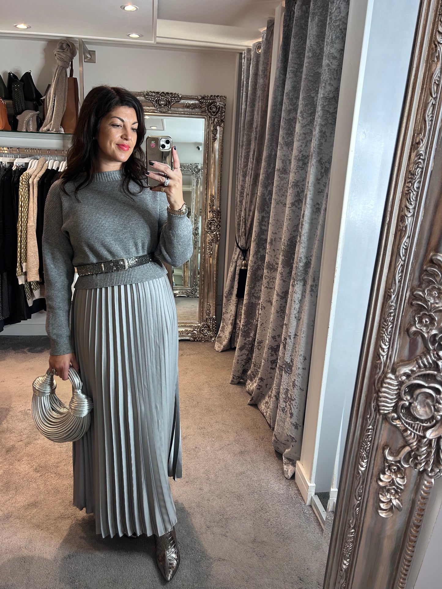 FY Silver Long Sleeve Pleated Jumper Dress