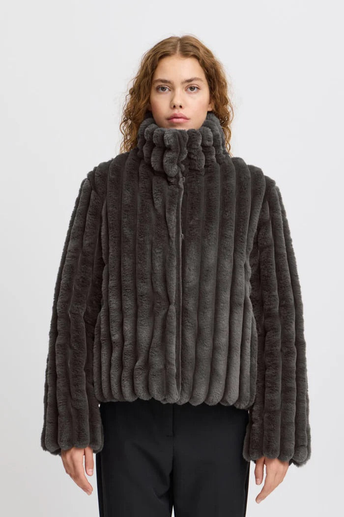 ICHI Grey Faux Fur Coat