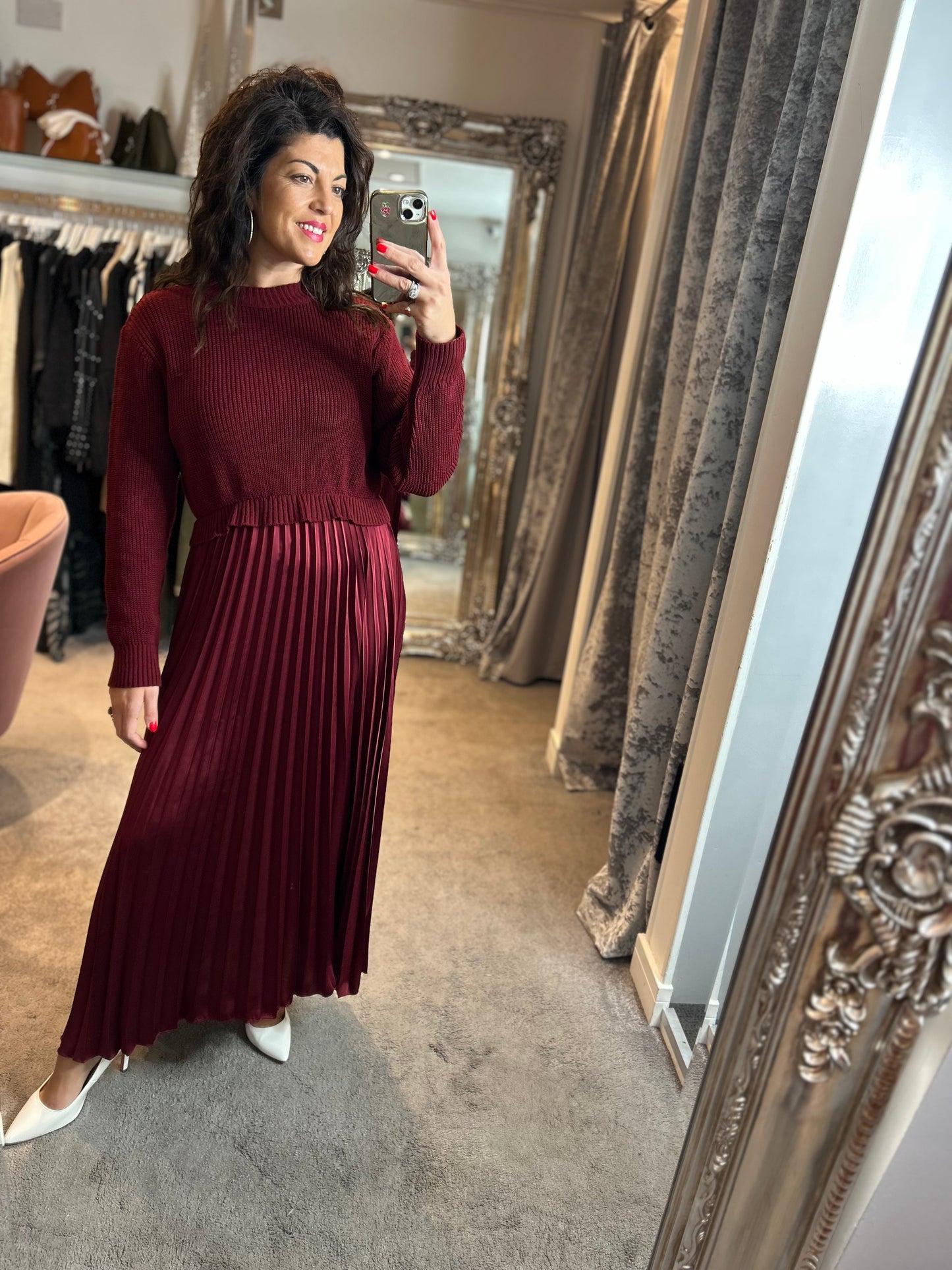 FY Wine Long Sleeve Pleated Jumper Dress