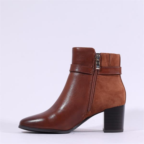 Caprice Leather Block Heel Ankle Boot - Cognac/Tan
