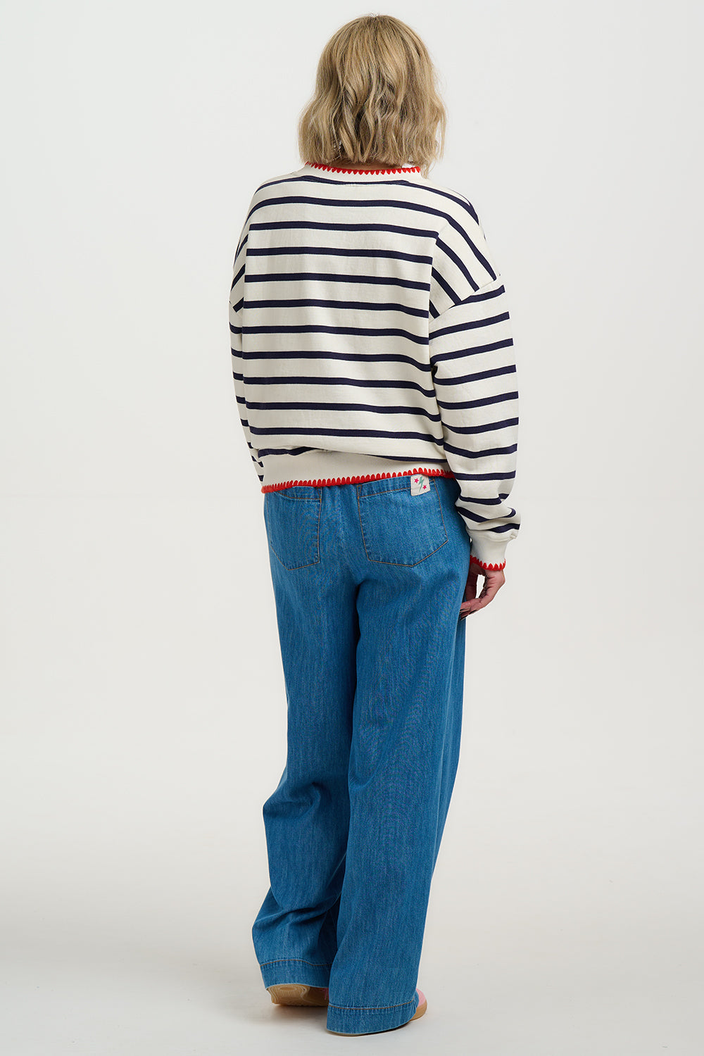 Sugarhill Brighton Noah Sweatshirt - Off White/Navy, Embroidery Trim