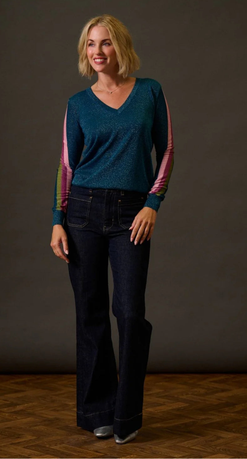 Sugarhill Brighton Marcella V-Neck Jumper - Teal Stripes