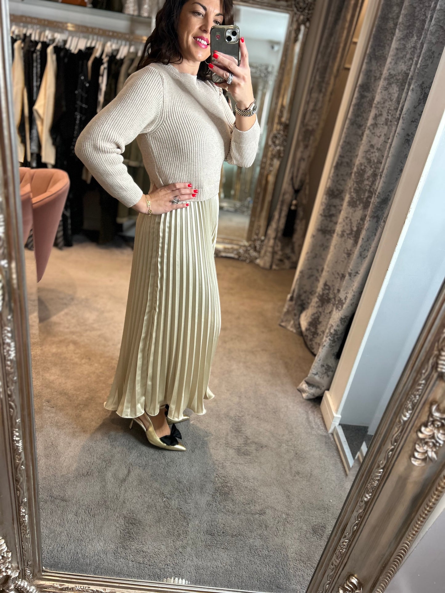 FY Cream Long Sleeve Pleated Jumper Dress