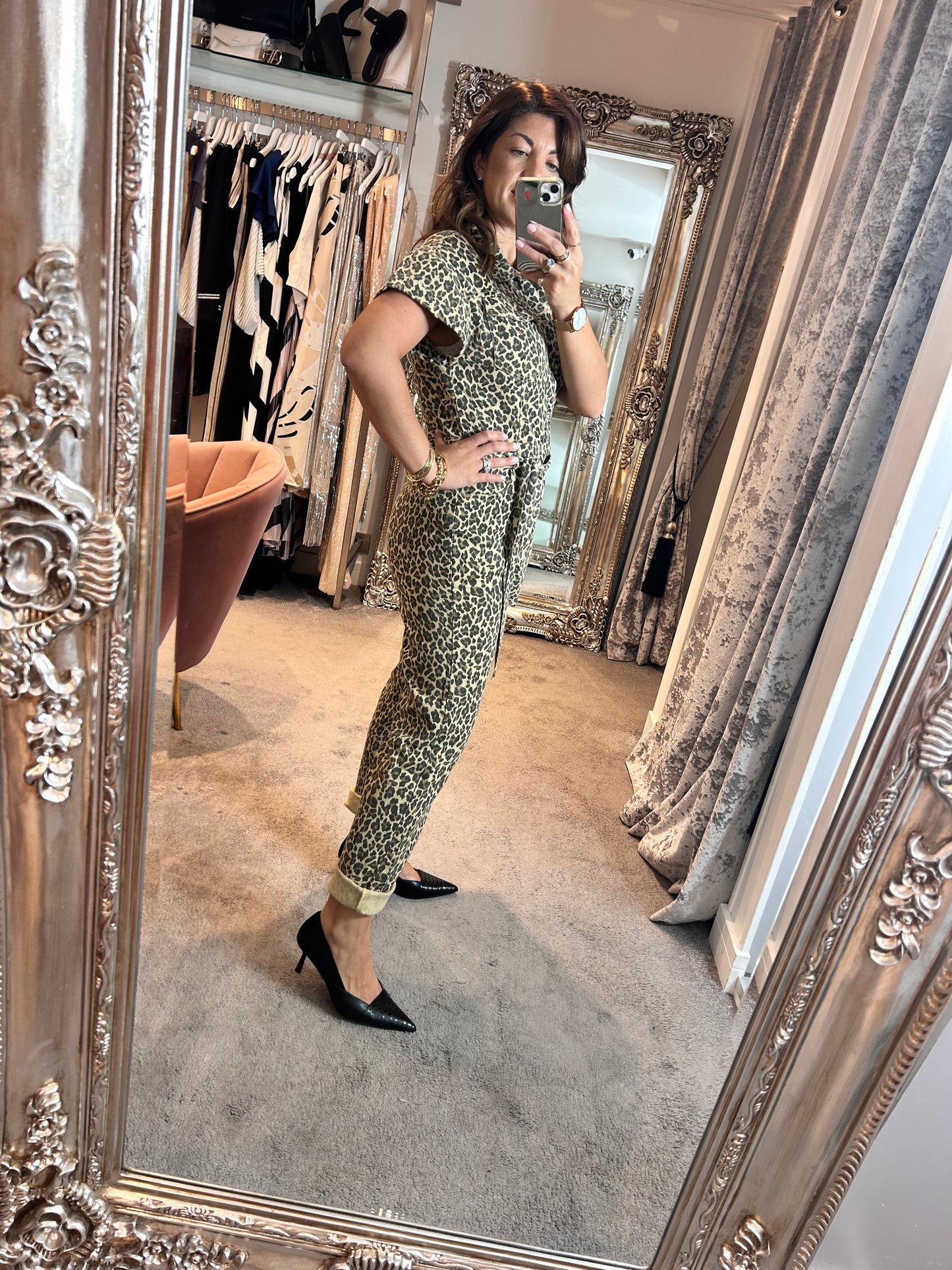 FY Beige Leopard Print Denim Jumpsuit