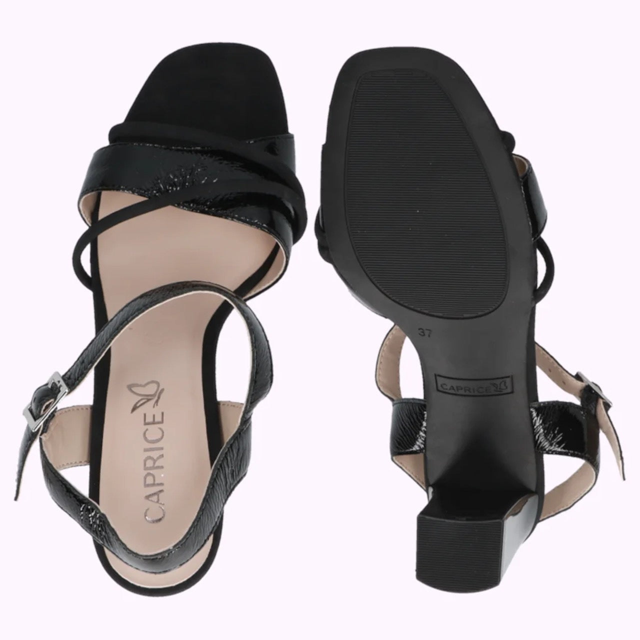 Caprice Black Leather/Suede Block Heeled Sandal