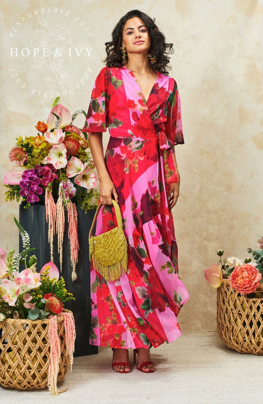 Hope & Ivy The Rosanna Maxi Wrap Dress - Pink/Red