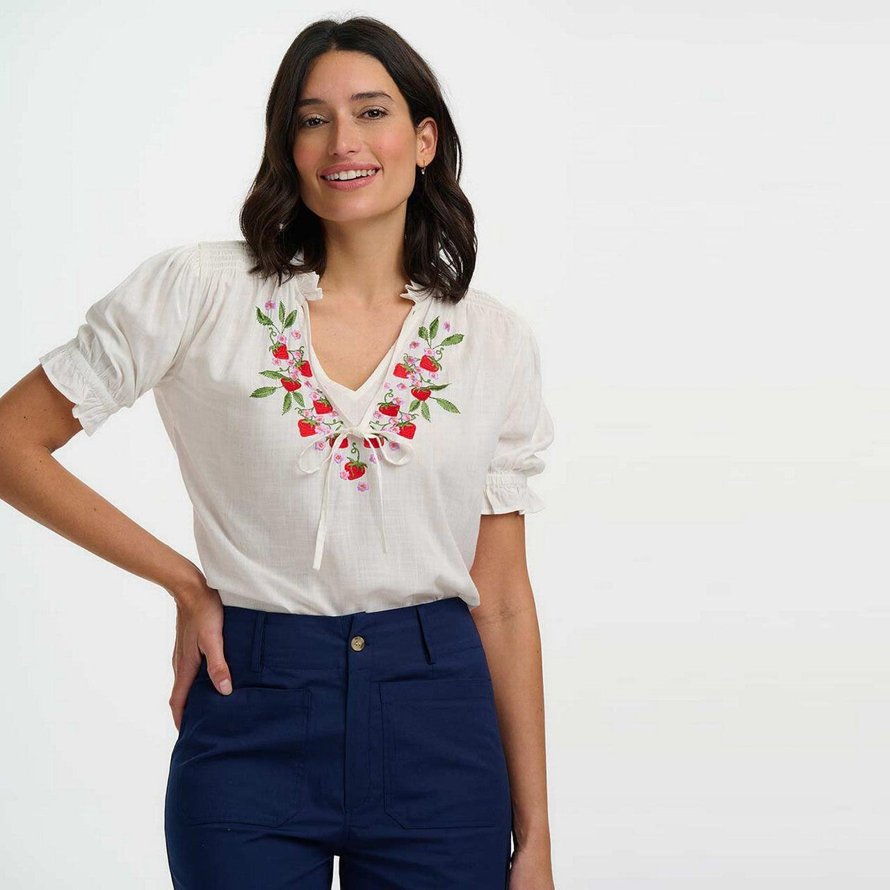 Sugarhill Brighton Angelique Shirred Top Wild Strawberry - Off White