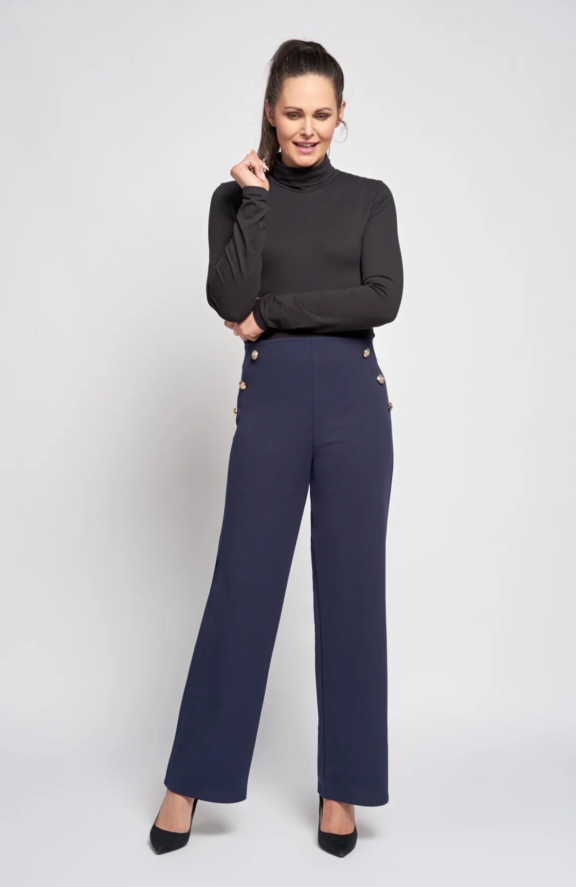 Pinns Wide Leg Button Detail Ponte Trousers - Navy