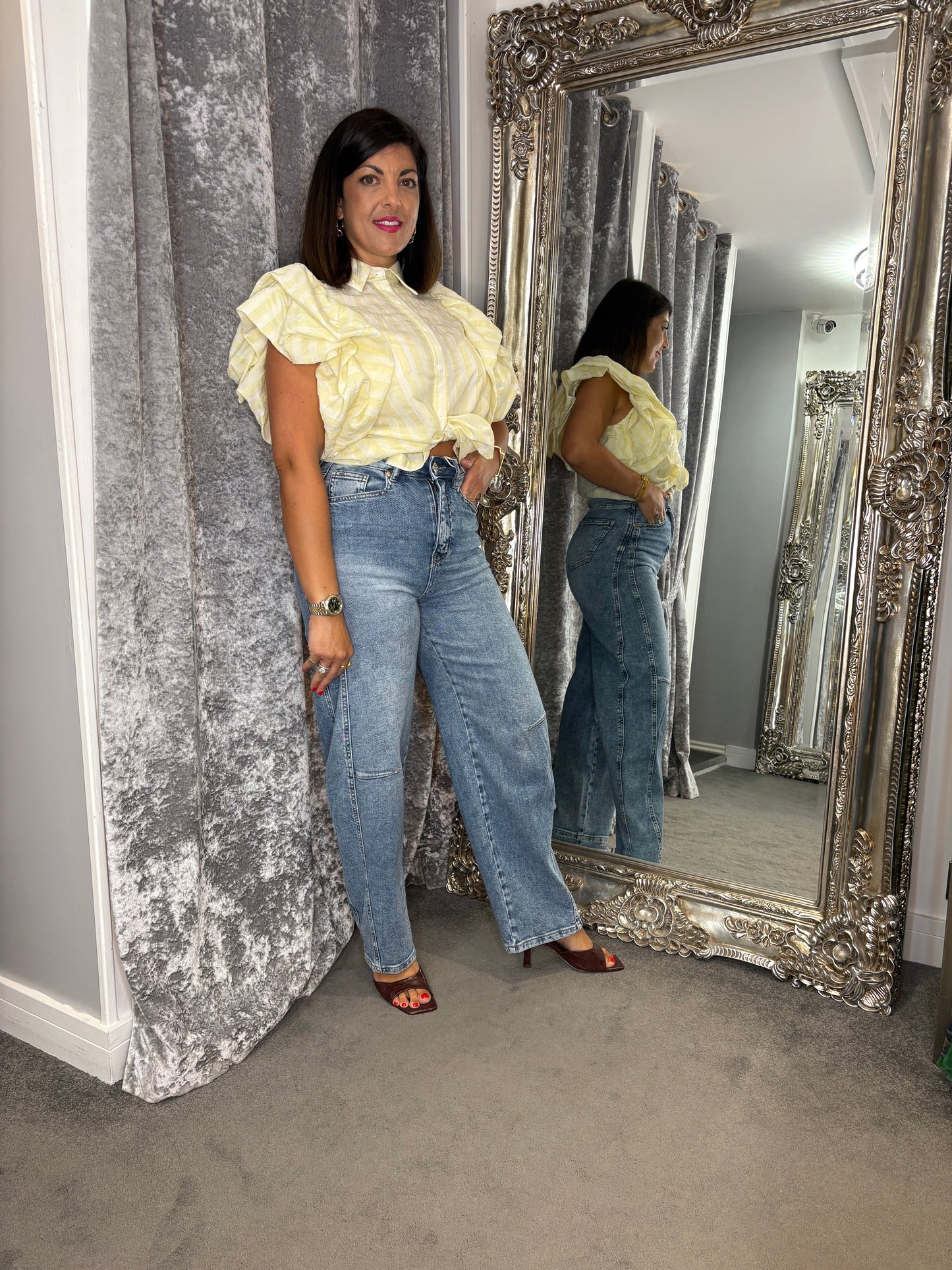 CFK Stripe Puff Sleeve Blouse
