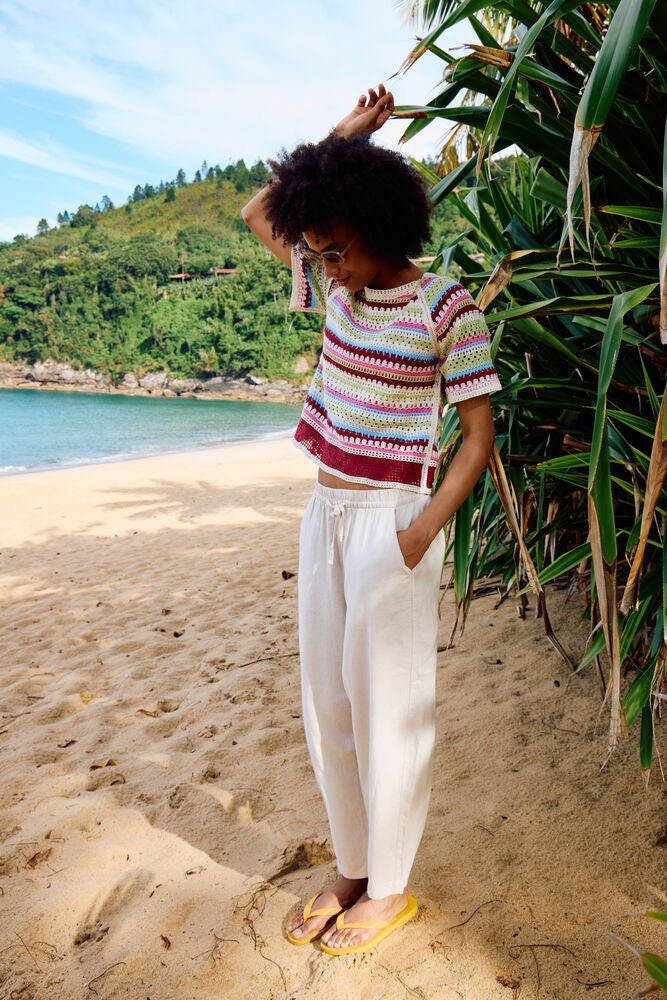 ICHI Linno Crop Linen Trouser - Off White