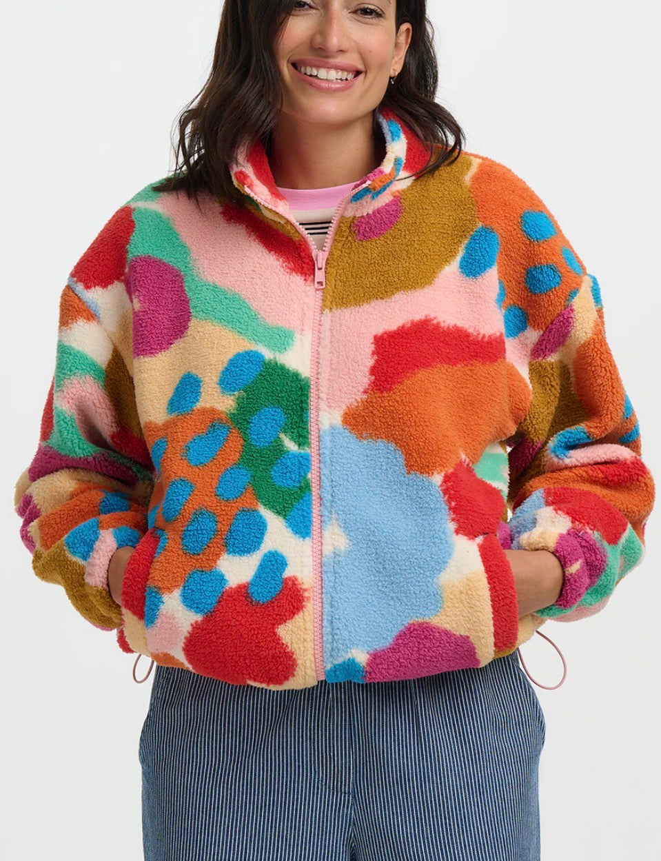 Sugarhill Brighton Hartley Zip Up Fleece - Off White/Multi, Abstract Floral