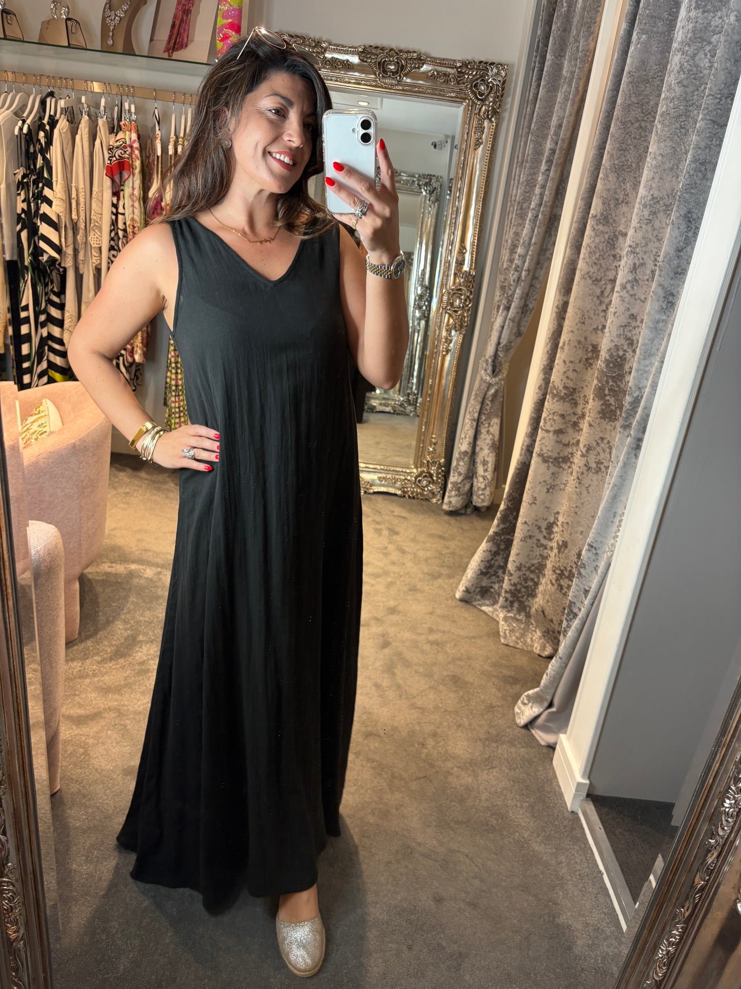 ICHI Foxa V-Neck Sleeveless Maxi Dress, Black