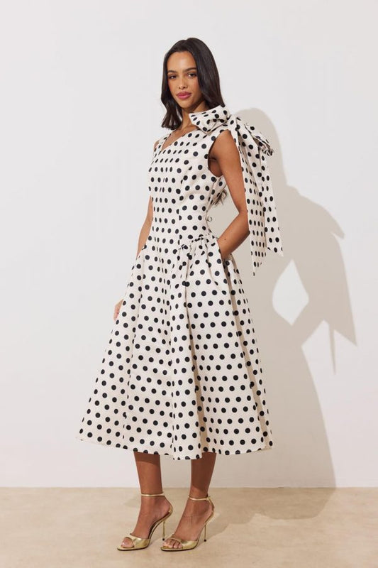 The 8th Sign Beatrice Bow Polka Dot Dress - Champagne/Black