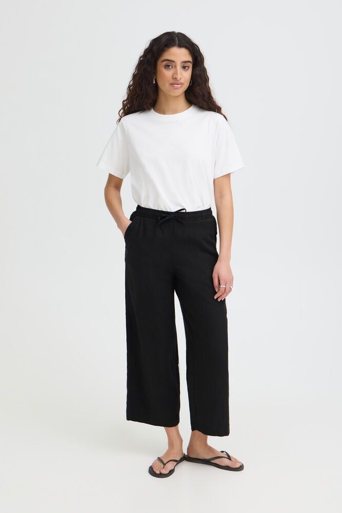 ICHI Linno Crop Linen Trouser - Black