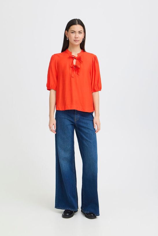 ICHI Imelda Tie-Neck Puff Sleeve Top – Fiery Red