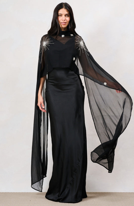Hope & Ivy The Annaka Maxi Dress with Cape - Black