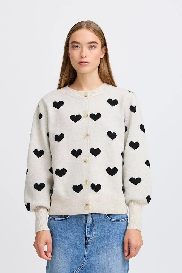 ICHI Brielle Cardigan Oatmeal Black Hearts