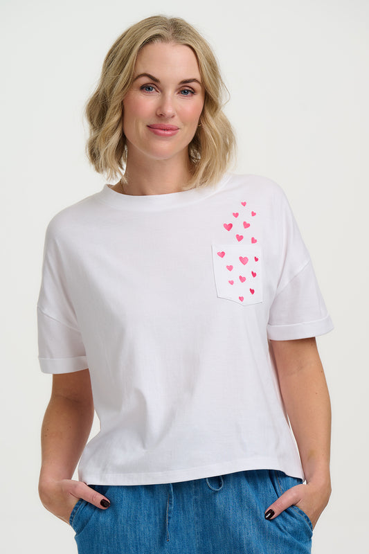 Sugarhill Brighton Celia Heavy-Weight T-Shirt - White, Pocket Hearts