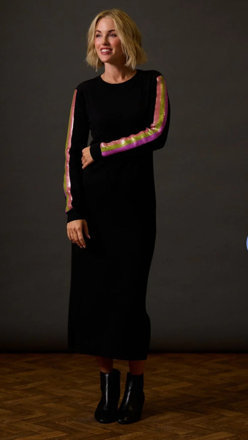 Sugarhill Brighton Sonia Knit Midi Dress - Black, Sequin Stripes