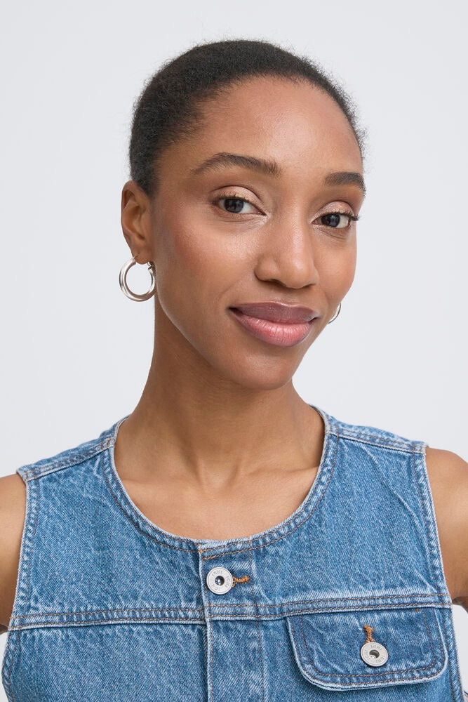 ICHI Pamela Denim Waist Coat - Mid Wash