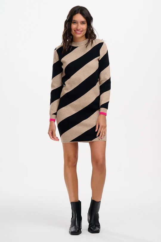 Suagrhill Brighton Verity Knit Dress - Beige/Black, Diagonal Stripe