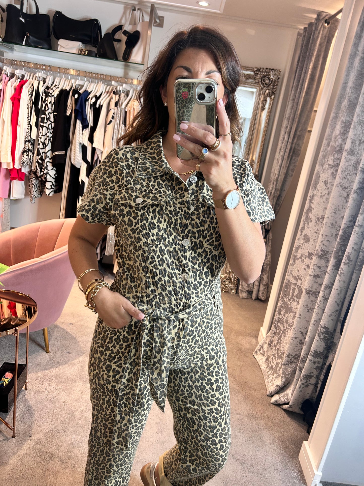 FY Beige Leopard Print Denim Jumpsuit