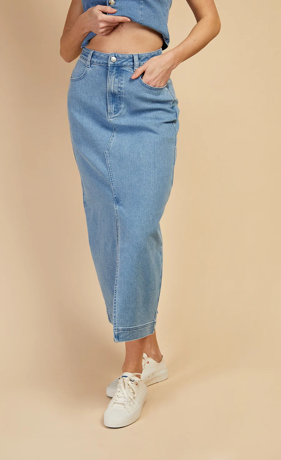 LM Mid-Blue Denim Midaxi Skirt by Vogue Williams