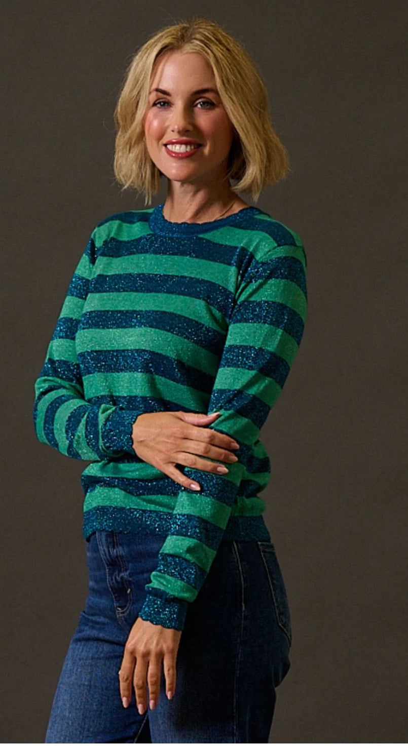 Sugarhill Brighton Alexa Scallop Jumper - Teal Sparkle Stripe