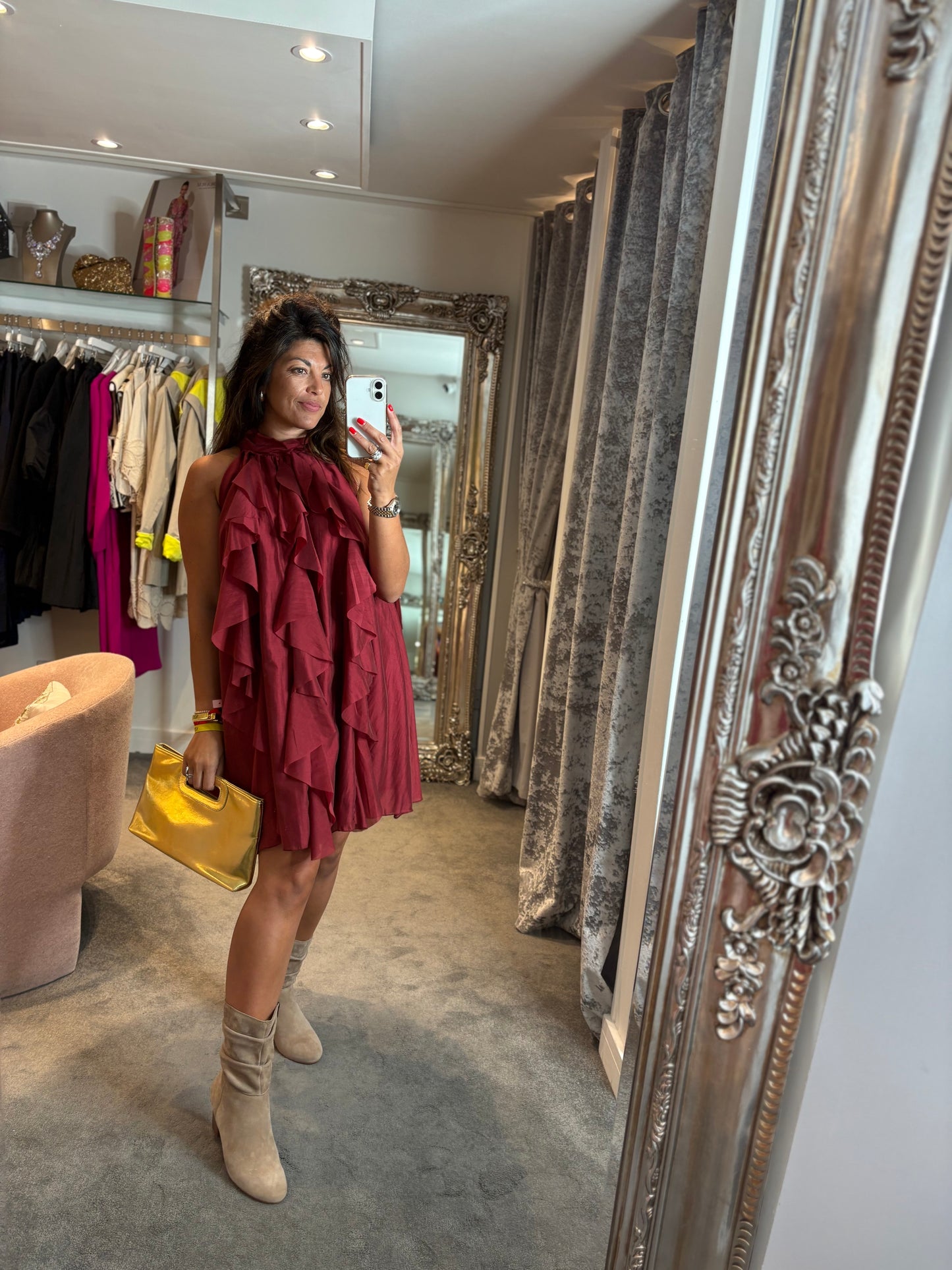 Studio Halter Neck Ruffle Dress - Red Wine