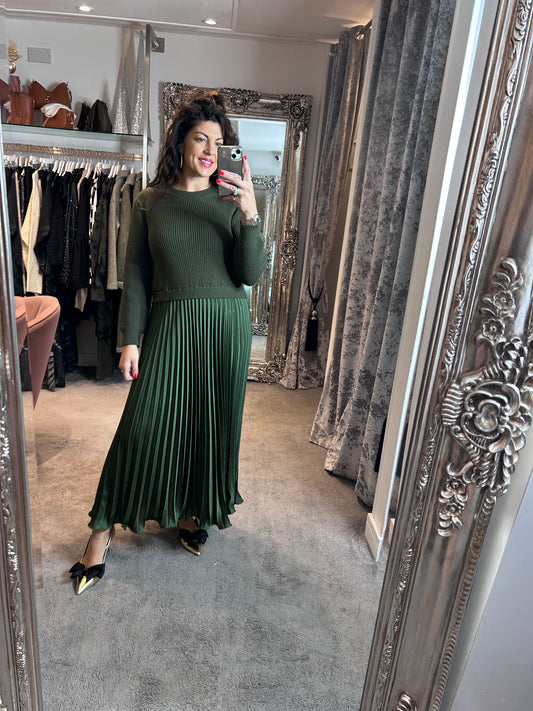 FY Khaki Long Sleeve Pleated Jumper Dress