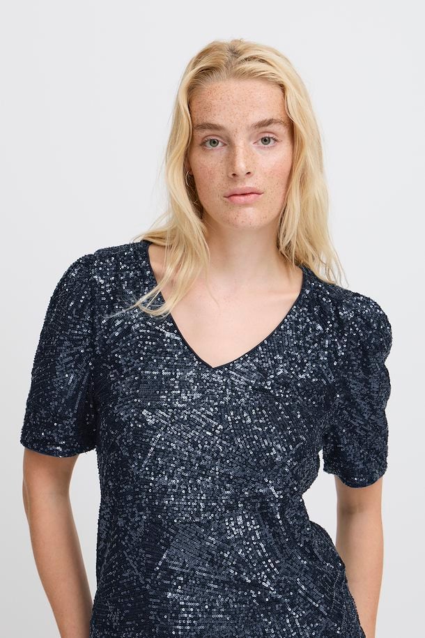 ICHI Fauca Blue Sequin Blouse